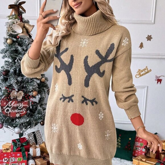 Multicolor Casual Women's Christmas Reindeer Print Lantern Sleeve Sweater Dress - Picture 6 of 7